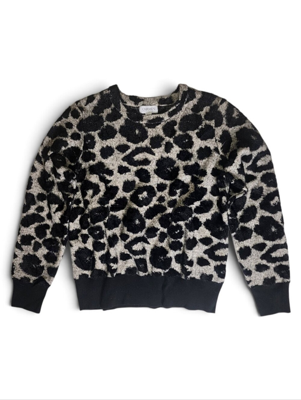 Carmen Marc Valvo Black and Cream Fuzzy Leopard Print Sweater